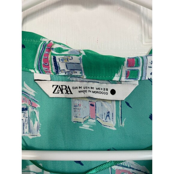 Zara Women's Knotted Collard Open V~Neck Green Satin Shops Print Crop Blouse M - Picture 8 of 8